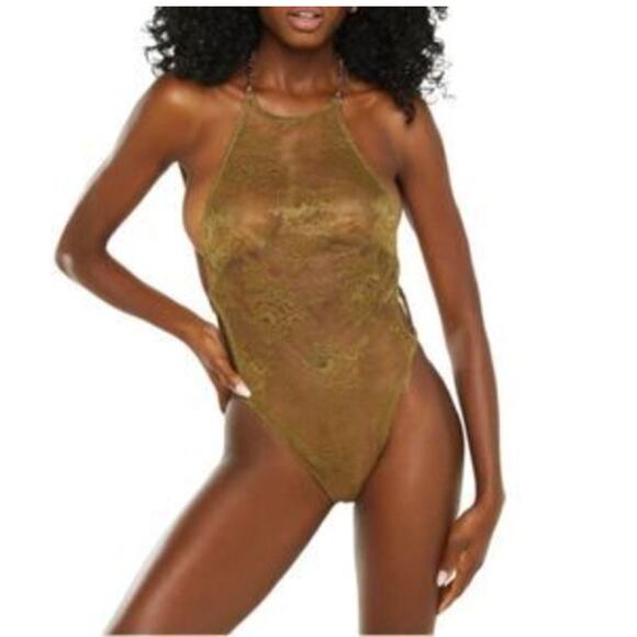 NWT M Savage X Fenty Chantilly Teddy olive lace chain halter Bodysuit open back - Picture 1 of 7